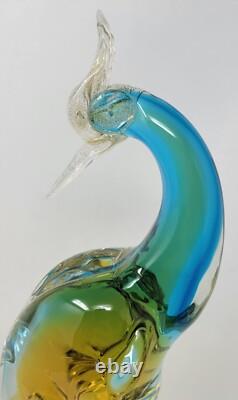 Vintage Murano  Glass Bird of Paradise/Peacock Blue, Yellow with Gold Flecks