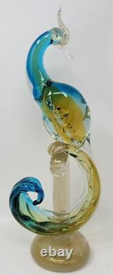 Vintage Murano  Glass Bird of Paradise/Peacock Blue, Yellow with Gold Flecks