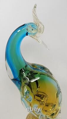 Vintage Murano  Glass Bird of Paradise/Peacock Blue, Yellow with Gold Flecks