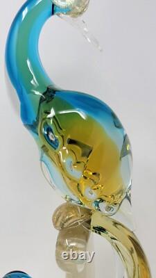 Vintage Murano  Glass Bird of Paradise/Peacock Blue, Yellow with Gold Flecks