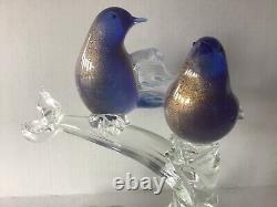 Vintage Murano Glass Birds Blue/Aventurine on Branch with Sticker Label Formia