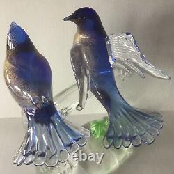 Vintage Murano Glass Birds Blue/Aventurine on Branch with Sticker Label Formia