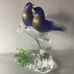 Vintage Murano Glass Birds Blue/Aventurine on Branch with Sticker Label Formia