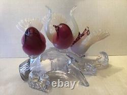 Vintage Murano Glass Birds Purple & Lattimo on Branch with Sticker Label Formia