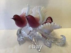 Vintage Murano Glass Birds Purple & Lattimo on Branch with Sticker Label Formia