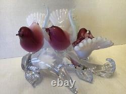 Vintage Murano Glass Birds Purple & Lattimo on Branch with Sticker Label Formia