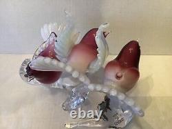 Vintage Murano Glass Birds Purple & Lattimo on Branch with Sticker Label Formia