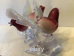 Vintage Murano Glass Birds Purple & Lattimo on Branch with Sticker Label Formia