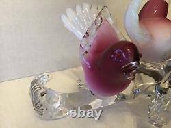 Vintage Murano Glass Birds Purple & Lattimo on Branch with Sticker Label Formia