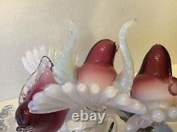 Vintage Murano Glass Birds Purple & Lattimo on Branch with Sticker Label Formia