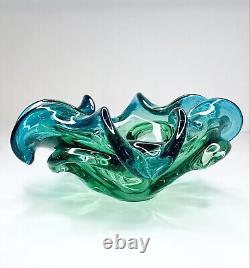 Vintage Murano Glass Bowl Barovier Toso Flower Console Dish Rolled Edge Blue 9