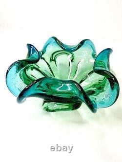 Vintage Murano Glass Bowl Barovier Toso Flower Console Dish Rolled Edge Blue 9