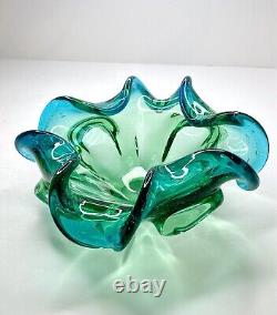 Vintage Murano Glass Bowl Barovier Toso Flower Console Dish Rolled Edge Blue 9