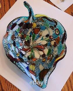 Vintage Murano Glass Bowl Candy Trinket Dish Leaf Shaped Amazing Colors