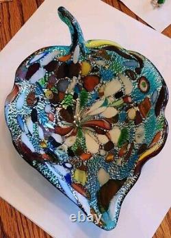 Vintage Murano Glass Bowl Candy Trinket Dish Leaf Shaped Amazing Colors