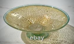 Vintage Murano Glass Bowl, Crackled Gold Leaf, Green Foot, NOS 9 Italy