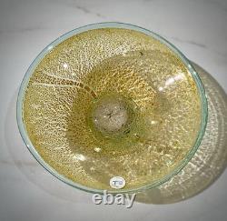 Vintage Murano Glass Bowl, Crackled Gold Leaf, Green Foot, NOS 9 Italy