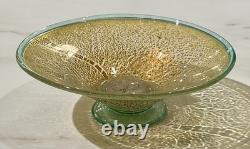 Vintage Murano Glass Bowl, Crackled Gold Leaf, Green Foot, NOS 9 Italy
