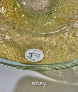 Vintage Murano Glass Bowl, Crackled Gold Leaf, Green Foot, NOS 9 Italy
