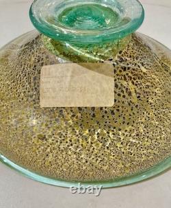 Vintage Murano Glass Bowl, Crackled Gold Leaf, Green Foot, NOS 9 Italy