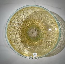 Vintage Murano Glass Bowl, Crackled Gold Leaf, Green Foot, NOS 9 Italy