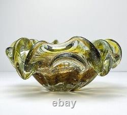 Vintage Murano Glass Bowl Flower Console Dish Rolled Edge Gold Silver UV GLOW