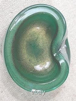 Vintage Murano Glass Bowl Pulegoso Style Glass Green & Aventurine Gold Flakes