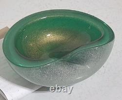 Vintage Murano Glass Bowl Pulegoso Style Glass Green & Aventurine Gold Flakes