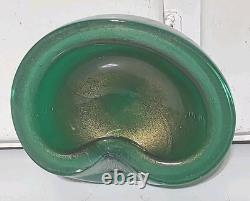 Vintage Murano Glass Bowl Pulegoso Style Glass Green & Aventurine Gold Flakes