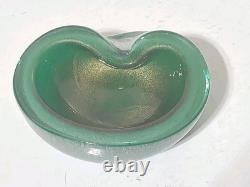Vintage Murano Glass Bowl Pulegoso Style Glass Green & Aventurine Gold Flakes