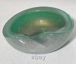 Vintage Murano Glass Bowl Pulegoso Style Glass Green & Aventurine Gold Flakes