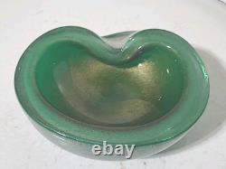 Vintage Murano Glass Bowl Pulegoso Style Glass Green & Aventurine Gold Flakes
