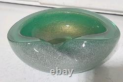 Vintage Murano Glass Bowl Pulegoso Style Glass Green & Aventurine Gold Flakes
