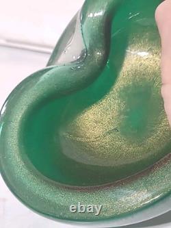 Vintage Murano Glass Bowl Pulegoso Style Glass Green & Aventurine Gold Flakes