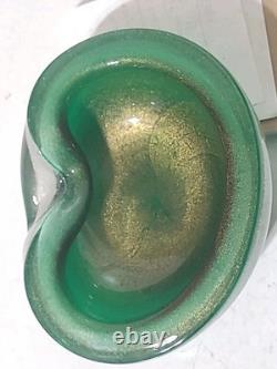 Vintage Murano Glass Bowl Pulegoso Style Glass Green & Aventurine Gold Flakes