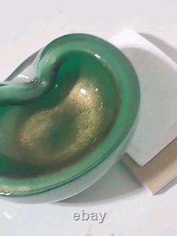 Vintage Murano Glass Bowl Pulegoso Style Glass Green & Aventurine Gold Flakes