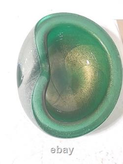 Vintage Murano Glass Bowl Pulegoso Style Glass Green & Aventurine Gold Flakes