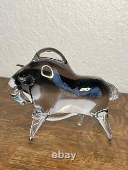 Vintage Murano Glass Bull Italy, Clear & Smoke Grey Glass Charging Bull