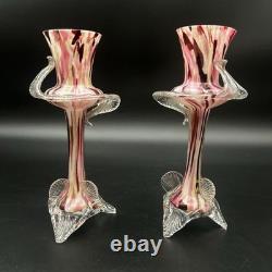 Vintage Murano Glass Candlesticks Pair Pink Red Swirl Hand Blown 9 Vintage Murano Glass Candlesticks Pair Pink Red Swirl Hand Blown 9