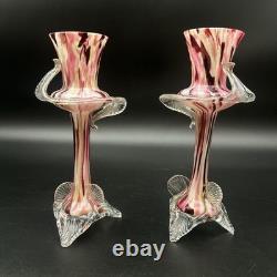 Vintage Murano Glass Candlesticks Pair Pink Red Swirl Hand Blown 9