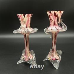 Vintage Murano Glass Candlesticks Pair Pink Red Swirl Hand Blown 9
