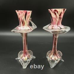 Vintage Murano Glass Candlesticks Pair Pink Red Swirl Hand Blown 9