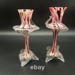 Vintage Murano Glass Candlesticks Pair Pink Red Swirl Hand Blown 9