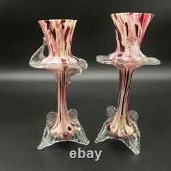 Vintage Murano Glass Candlesticks Pair Pink Red Swirl Hand Blown 9