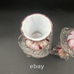 Vintage Murano Glass Candlesticks Pair Pink Red Swirl Hand Blown 9