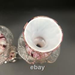 Vintage Murano Glass Candlesticks Pair Pink Red Swirl Hand Blown 9