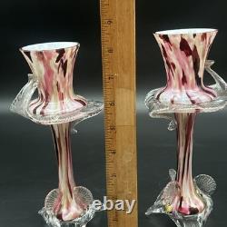 Vintage Murano Glass Candlesticks Pair Pink Red Swirl Hand Blown 9