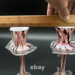 Vintage Murano Glass Candlesticks Pair Pink Red Swirl Hand Blown 9