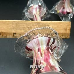Vintage Murano Glass Candlesticks Pair Pink Red Swirl Hand Blown 9