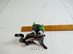 Vintage Murano Glass Cat Figurine Black & White Red Nose Green Ears Rare